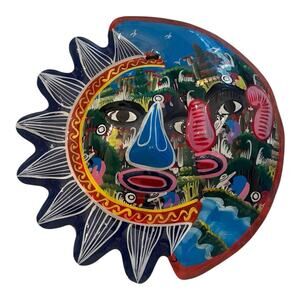 Mexican Talavera Sun & Moon Face Wall Plaque Hand Painted Ceramic Folk Art